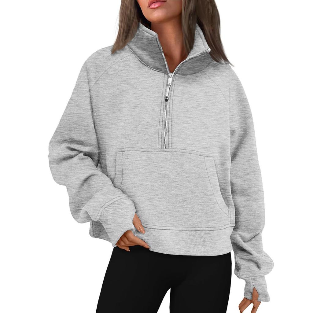 Women's Stand Collar Plus Fleece Color Hoodie Long Sleeve Pocket Loose Half Zip Pullover Hoodie Top