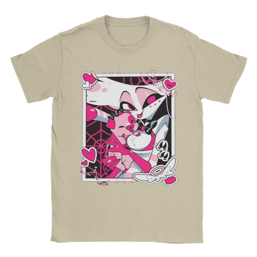 Angel Dusts and Fat Nugget Selfie Hazbins Hotels T Shirt Men Cotton Casual T-Shirt Crewneck  Tee Shirt Short Sleeve Tops Gift