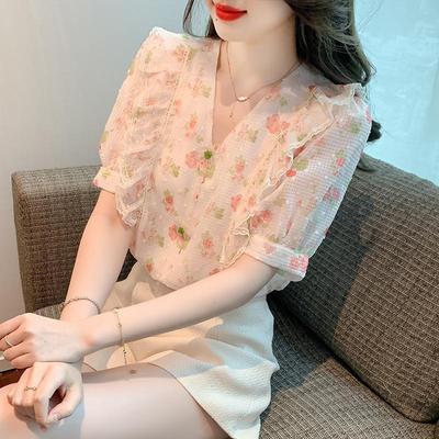 Camisa Fresca y Dulce para Dama Verano para Mujer Nuevo Estilo Occidental Manga Corta Estilo Color Versátil Top de Gasa