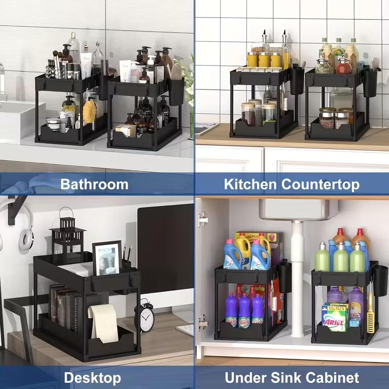 2 Layers Under Sink Organizer Sliding Cabinet Basket Organizer Storage Rack with Hooks Hanging Cup Bathroom Kitchen Organizer