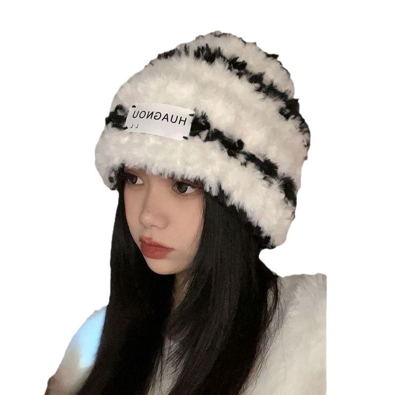 New Autumn and Winter Plush Hat for Women Korean Style Versatile Warm Thickened Cute Knitted Hat Showing Face Small Plus Velvet Snow Hat