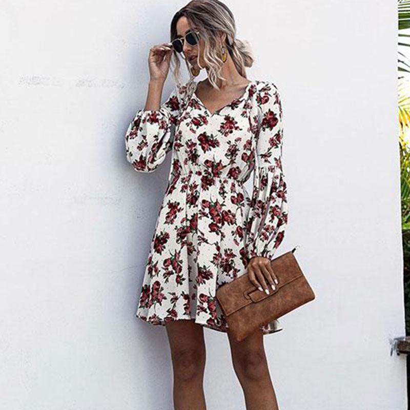 

Женская мода Puff с длинным рукавом Дрожащее цельное платье Одежда XL белый