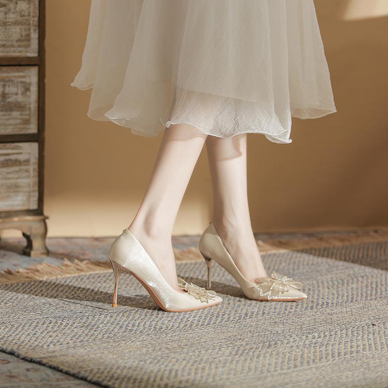 817-11 French High-heeled Wedding Shoes Women's 2025 New Rhinestone Bow Bridal Shoes Pointed Stiletto Single Shoes