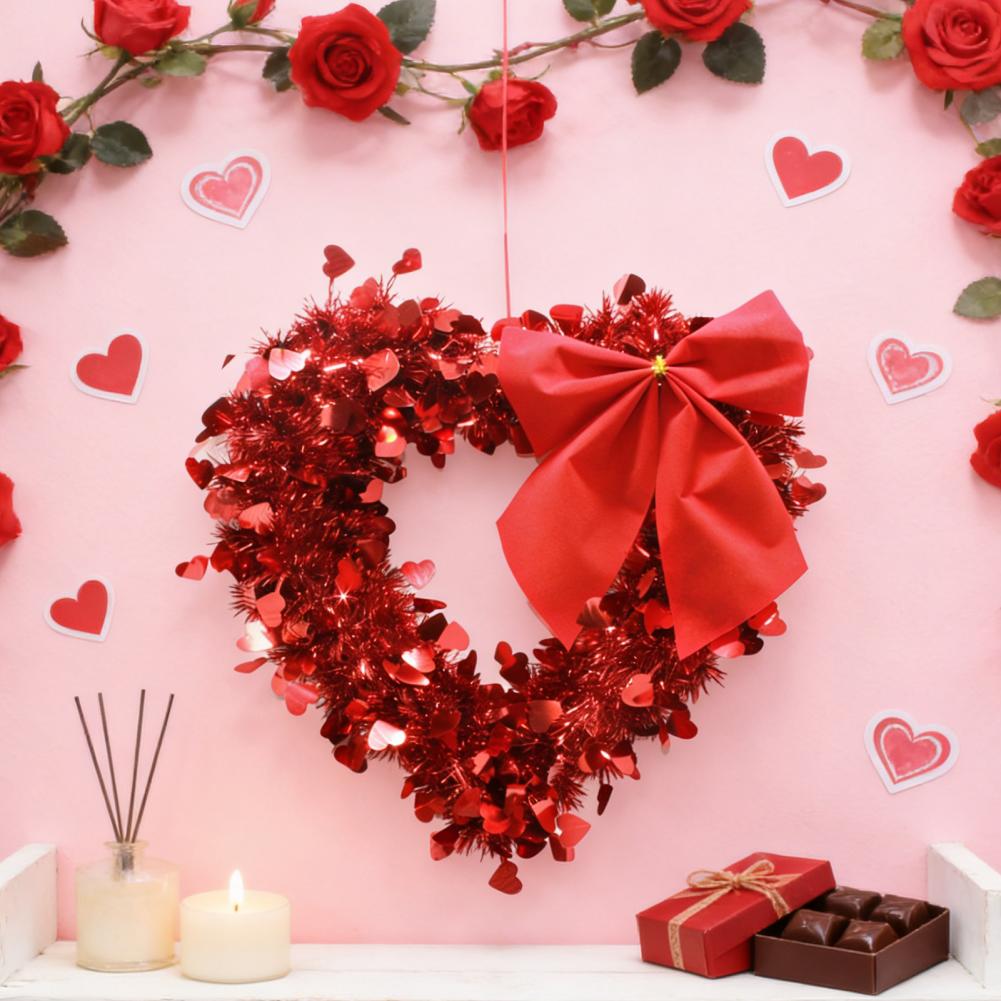 Valentine's Day Christmas Heart Shaped Wreath with Bow Pink Tinsel Door Decor Wedding Party Anniversary Wall Hanging
