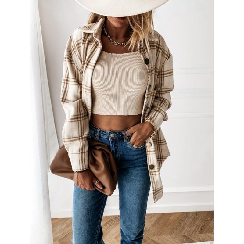 Camicia da donna autunnale Camicia di media lunghezza con risvolto ampio scozzese Comoda giacca da camicia casual