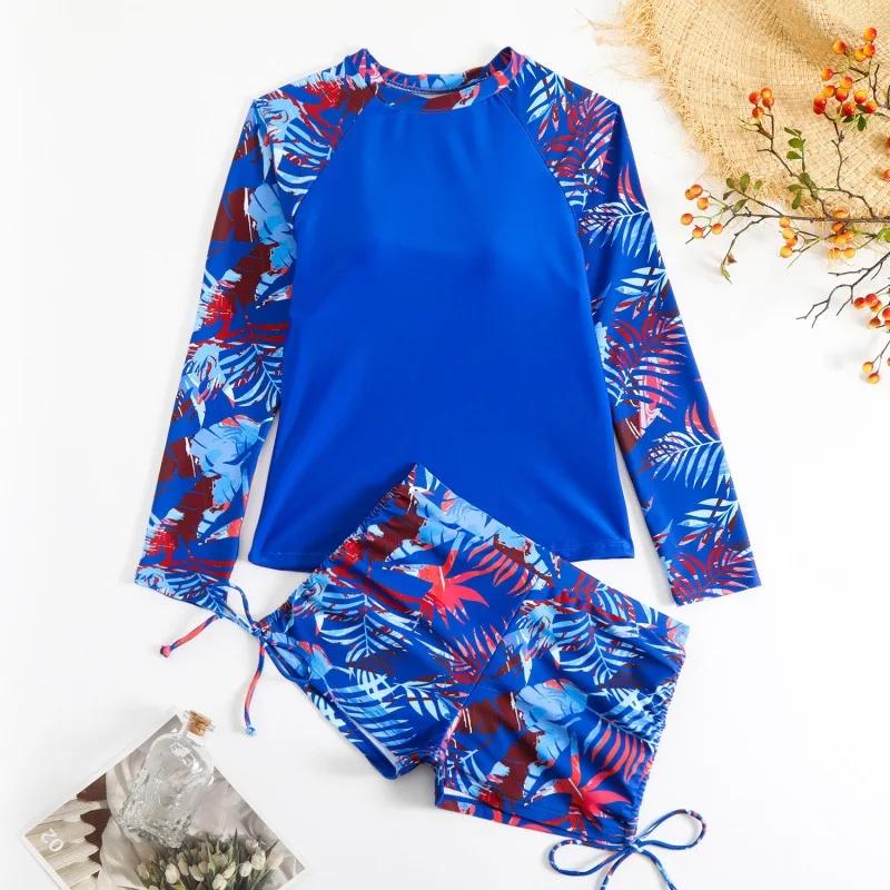 

Новый женский раздельный купальник танкини с длинным рукавом и принтом, модный купальный костюм с лоскутным дизайном XL королевский синий