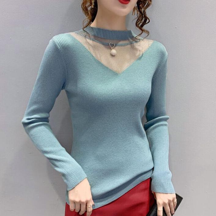 Women's Knitted Bottoming Shirt Fall  Winter Half-high Neck Hollow Mesh Knitted Sweater Slim Long-sleeved Stretchy Pullover Knitted Top Jumper