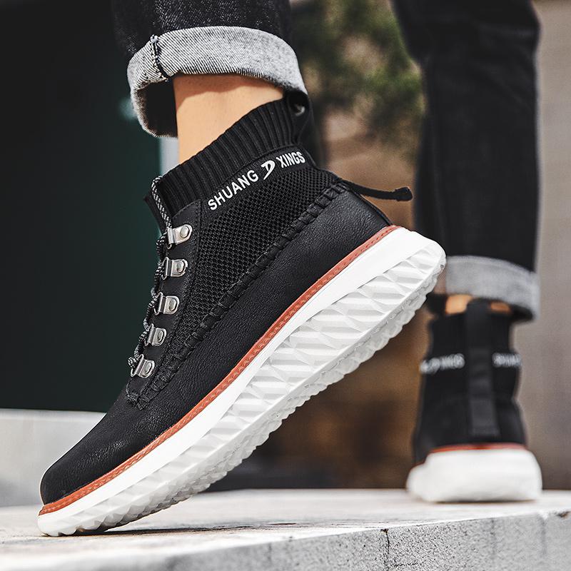 Fashion Leather Sneakers Men Thick Soles 5cm High Top Casual Ankle Shoes British Style Height Increasing Big Size 48 49 50