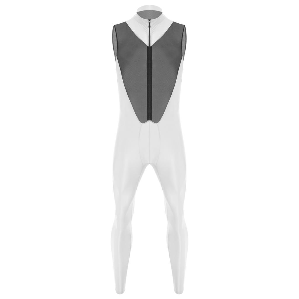 Mens Glossy Sheer Mesh Jumpsuit Front Zipper Sleeveless Design Zipper Crotch Long Leg Catsuit