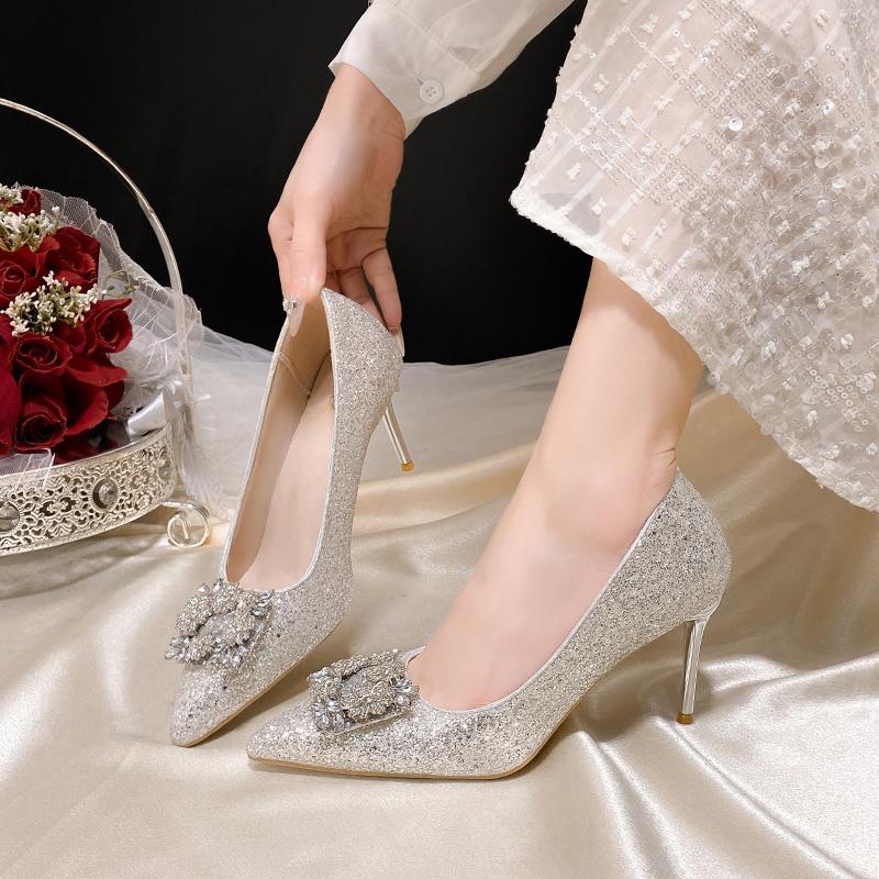Fashion Summer New Pointy Toe Pumps Women's Fashion Full Sequin Cover Foot Anti-slip Wear-resistant Fine Heel Shoes