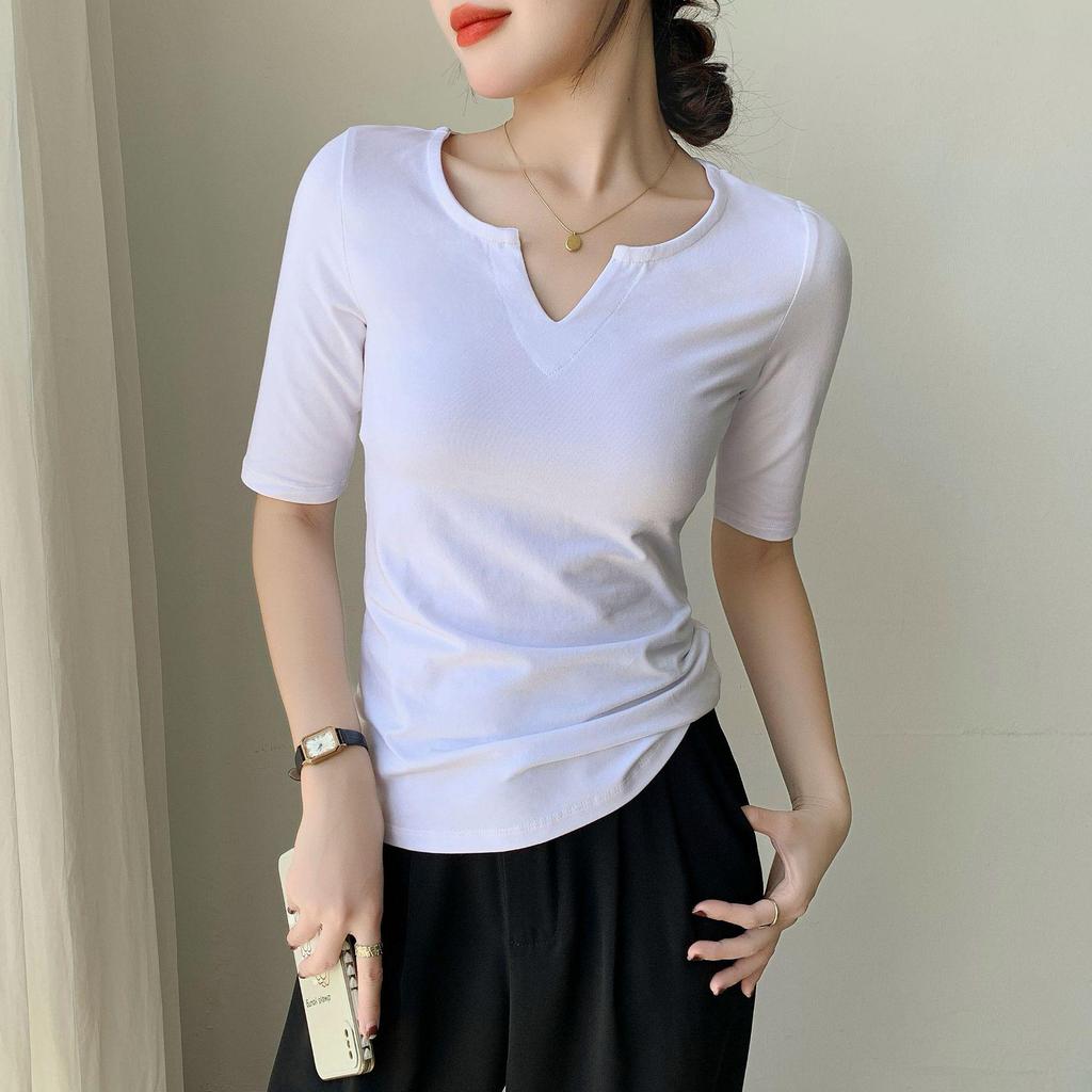 Women's Pure Cotton Slim Fit V-Neck Short Sleeve T-Shirt - Versatile for Spring, Autumn, and Winter