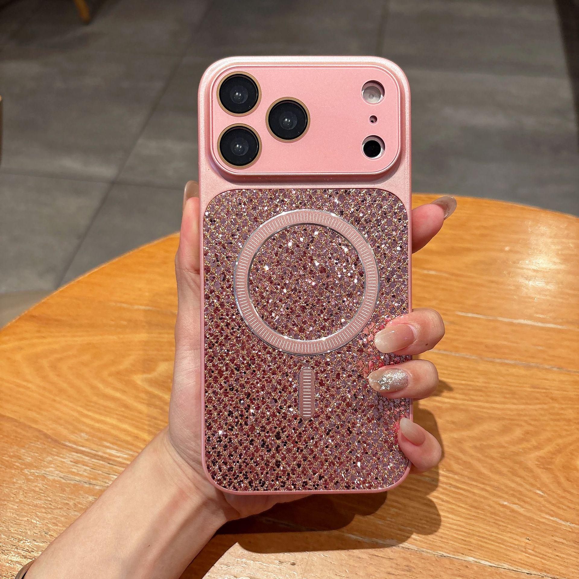 Apple 17 ProMax Glitter Magnetic Diamond Lattice Phone Case - High-Grade Sense for iPhone 16 and Protective for iPhone 15 17 розовый