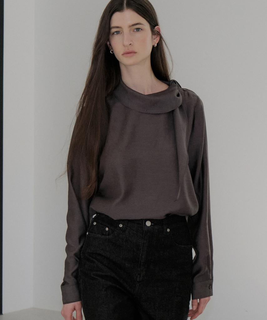 AWOKOMOSEU Scarf Button Blouse (Charcoal) Orc 6111