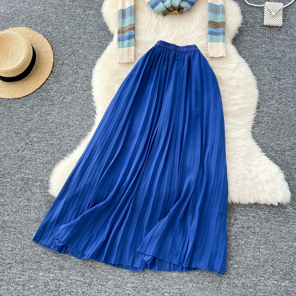Spring Autumn Women Vintage Rainbow Striped Knitted Sweater Pullover Tops and Long Midi Pleated Skirt Two Piece Set