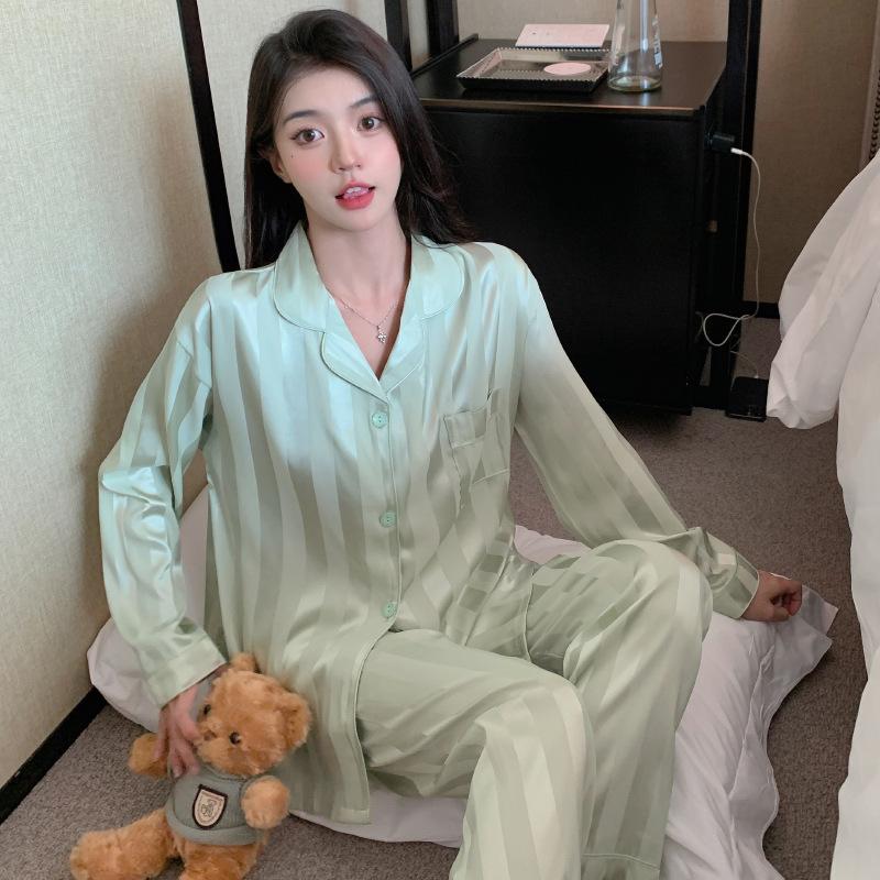Autumn Green Small Fresh Stripes Comfortable Thin Can Be Worn Outside Pajamas Two-Piece Set Women