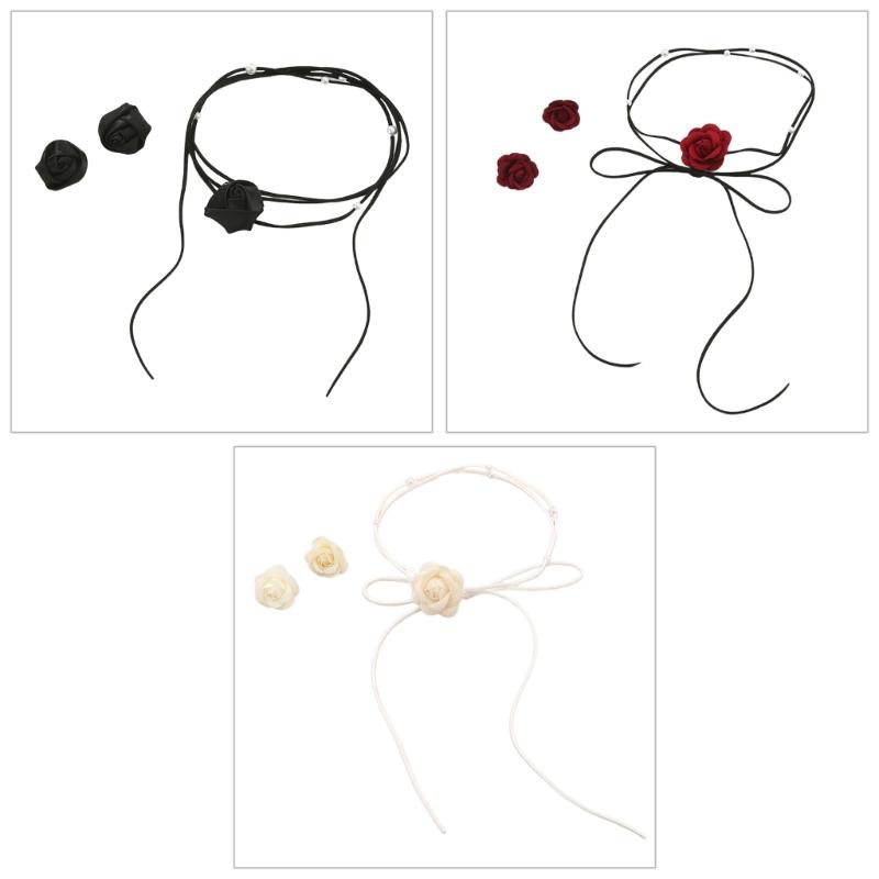 Stylish Camellia Jewelry Set Unique Flower Beaded Necklace and Earrings Floral Theme Neckchain Ear Studs Ornament