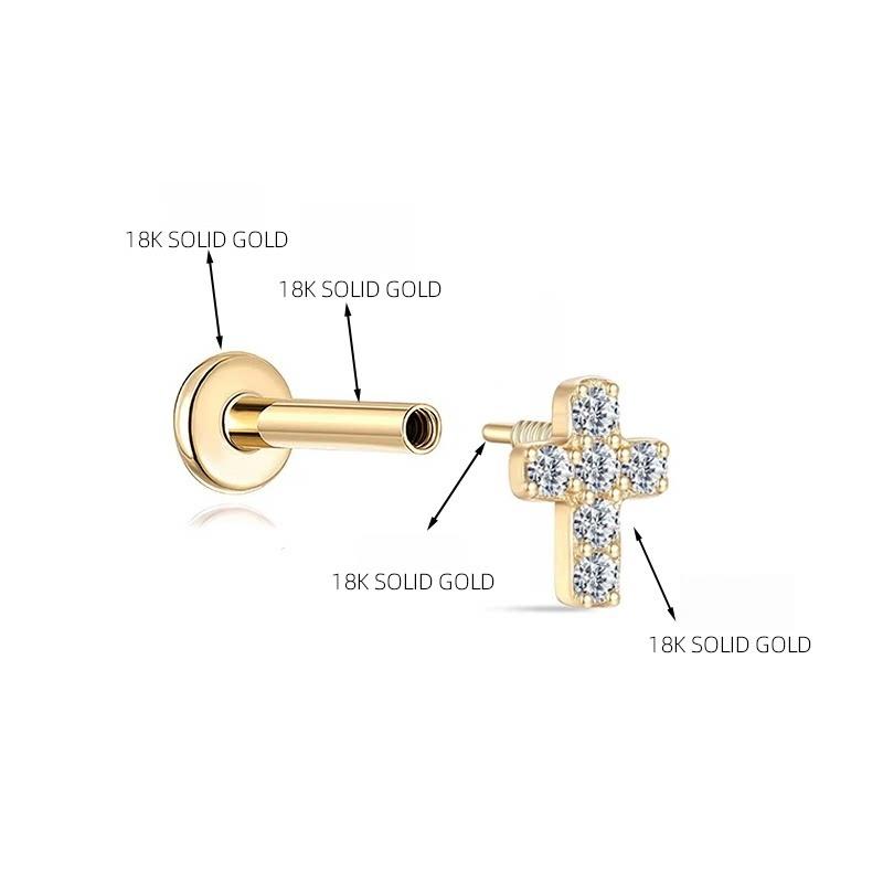 Cross Solid 18K Gold Internally Threaded Cartilage Studs AU750 Paved Diamond Luxury Body Piercing Jewelry