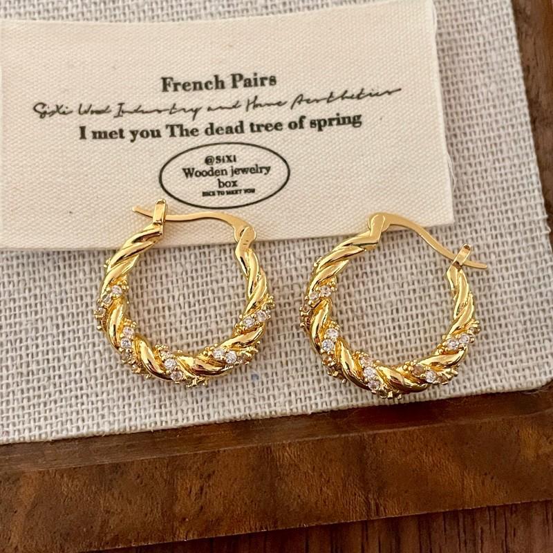 Personalized Twisted Retro Rhinestone Metal Hoop Earrings - Unique French High-End Style