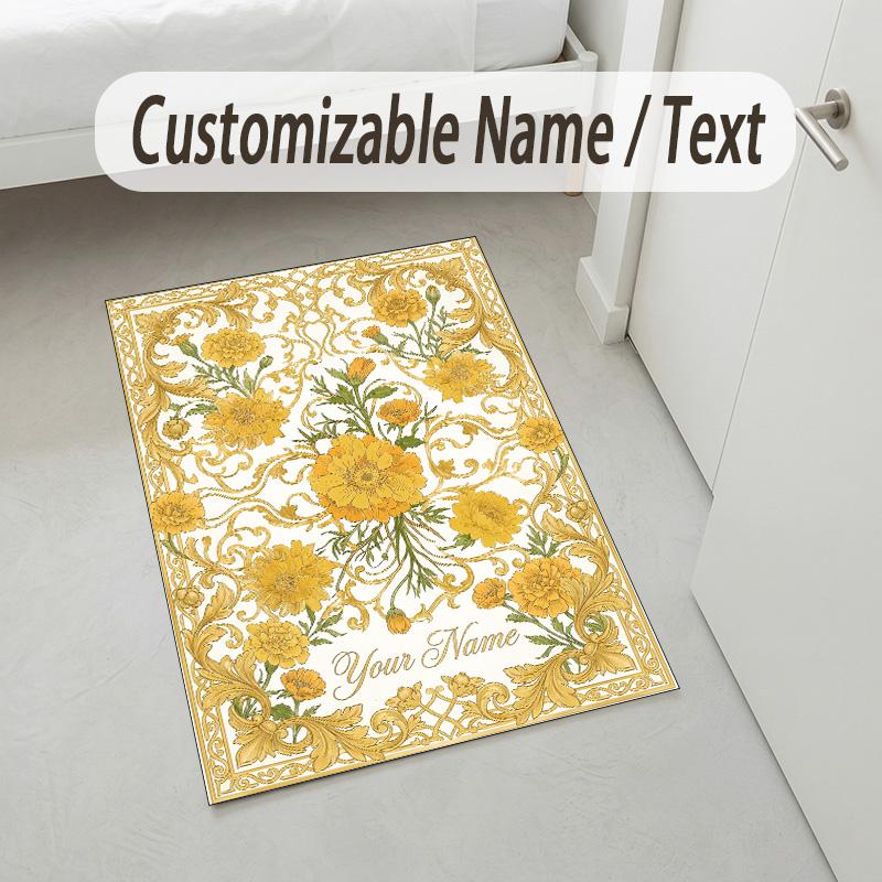Golden Floral Elegance Theme Soft Crystal Velvet Rug Custom Name & Text Print Non Slip Floor Rug for Bedroom Living Room
