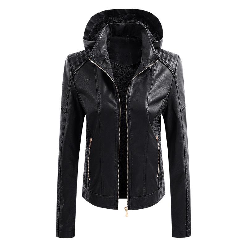 2022 Women's PU Leather Jacket with Detachable Hood - Stylish European & American Fashion Coat