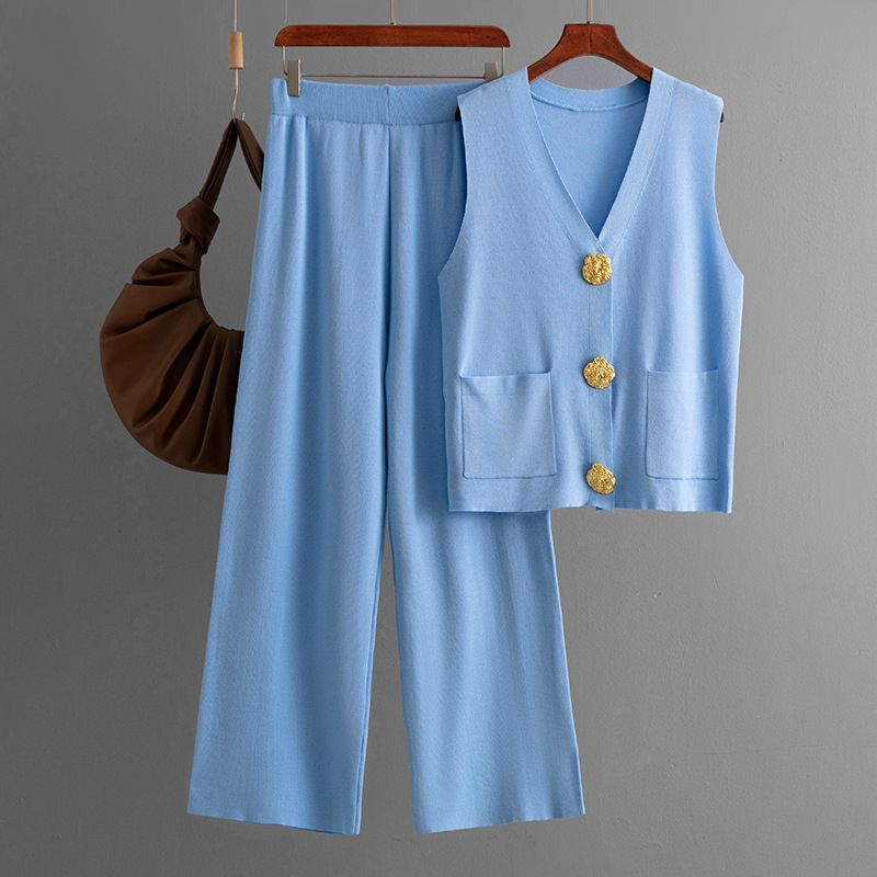 

Fashion Set Women Summer New Sleeveless Button Knitted Top + Solid Casual Wide-Leg Pants Two-piece Set Sky Blue One size