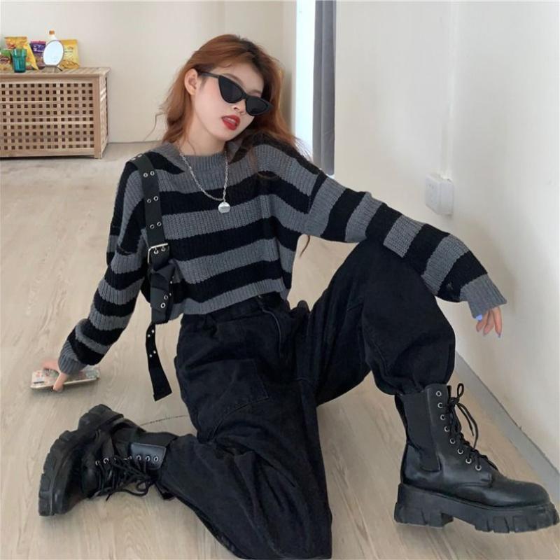 KOSY Striped Cropped Sweater Korean Style  Women Vintage Oversize Knit Jumper Female Autumn Long Sleeve O-neck Pullovers Tops