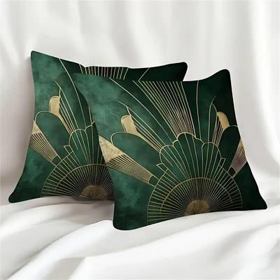 2pcs Elegant Green Geometric Print Pillow Covers Double-Sided, Zippered Living Room Decor (No Inserts) Decorative Pillows Cases