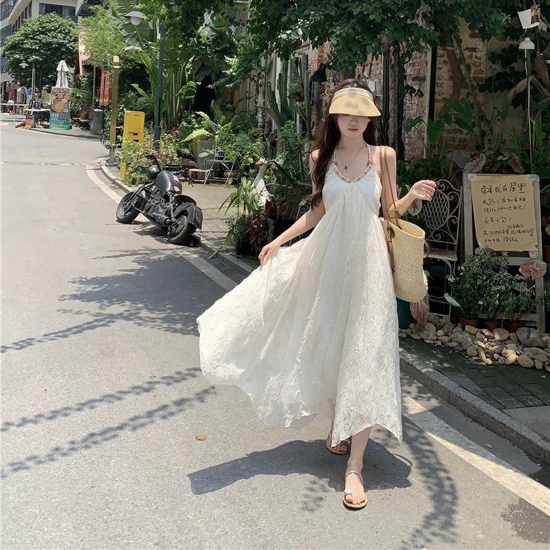 Pure Desire Wind Neck Sleeveless Dress Women's Summer New Seaside Vacation French Halter White Fairy Dress