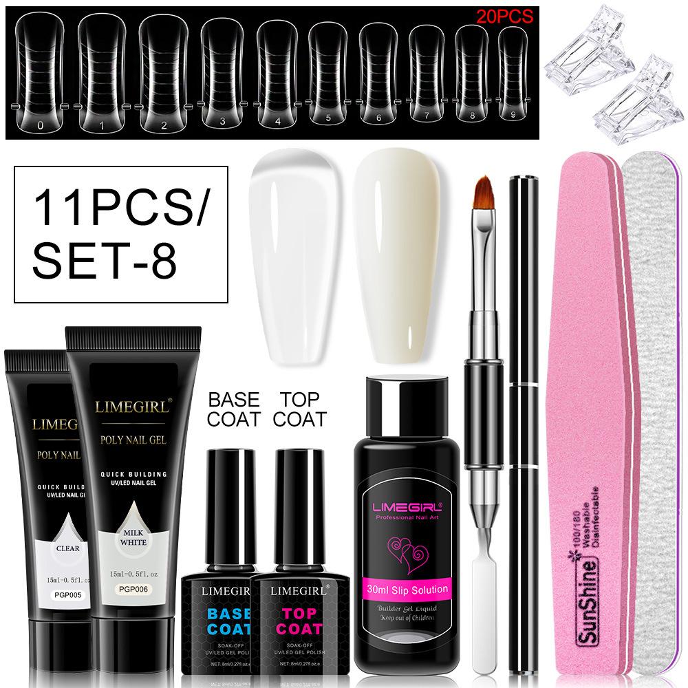 11Pcs Nail Extension Gel Kit - Clear/Nude Polygel Resin for Nail Extension, Acrylic Liquid, U-Shape Nail Forms, Brush, Nail Art Tool Set