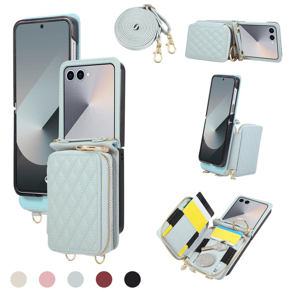 Crossbody Zipper Cards Solt Wallet Leather Ring Holder Case For Samsung Galaxy Z Flip 7 6 5 4 3 7FE Long Lanyard Bag Grid Cover