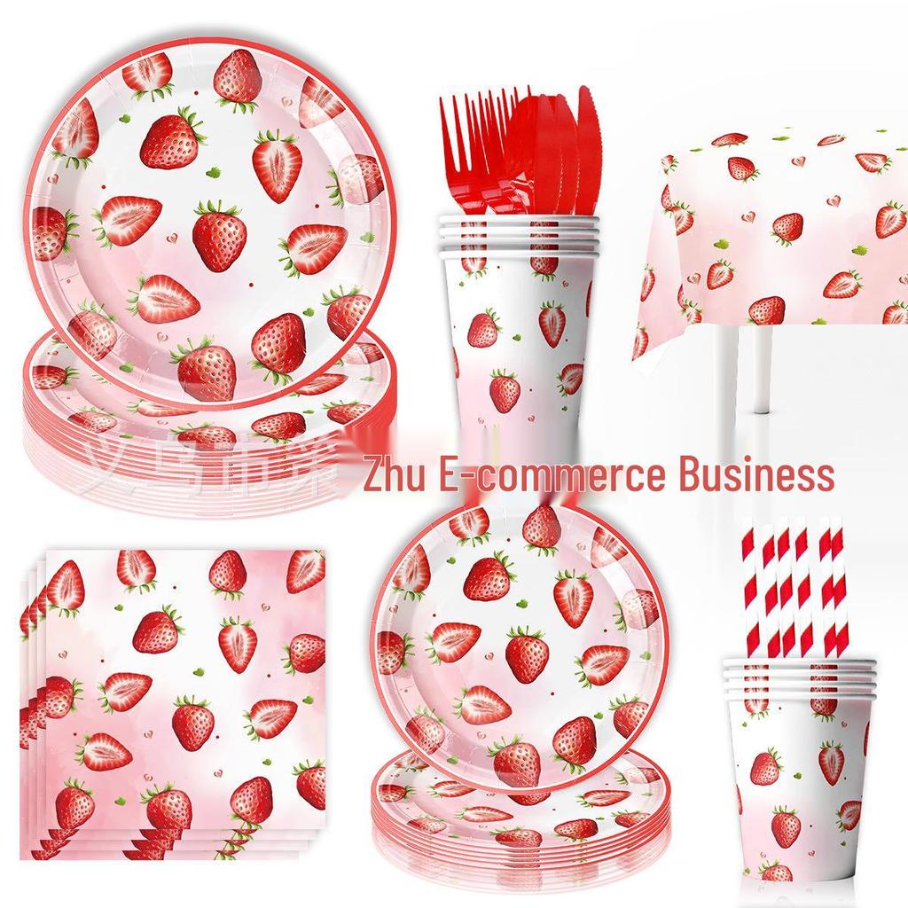 Strawberry Theme Party Tableware Set: Disposable Plates, Napkins, Cups, and Tablecloth