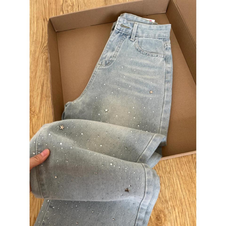 Jeans dritti da donna autunnali azzurro chiaro con strass a vita alta lavati pantaloni a gamba larga larghi snellenti