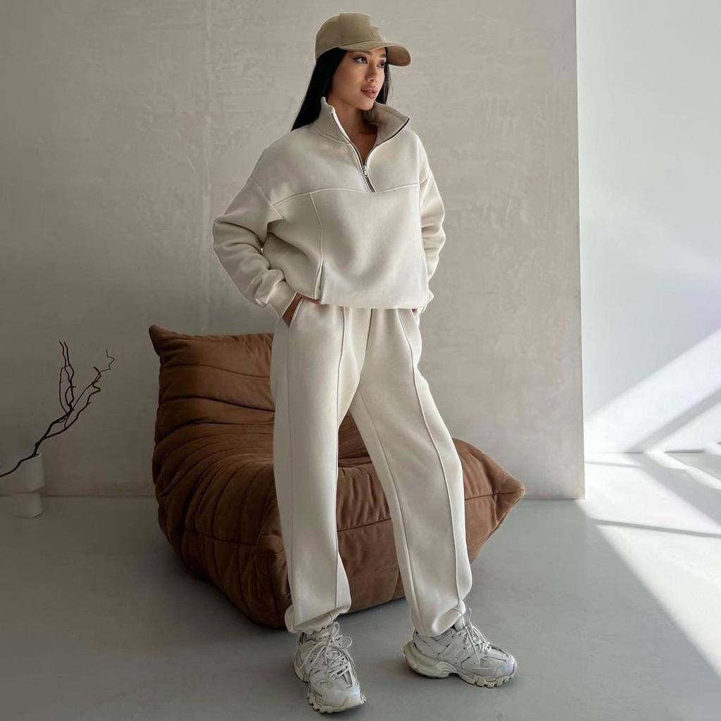 Women Solid Color Long Sleeve Stand Collar Hoodies Suit Autumn Winter Loose Top Wide Leg Pants