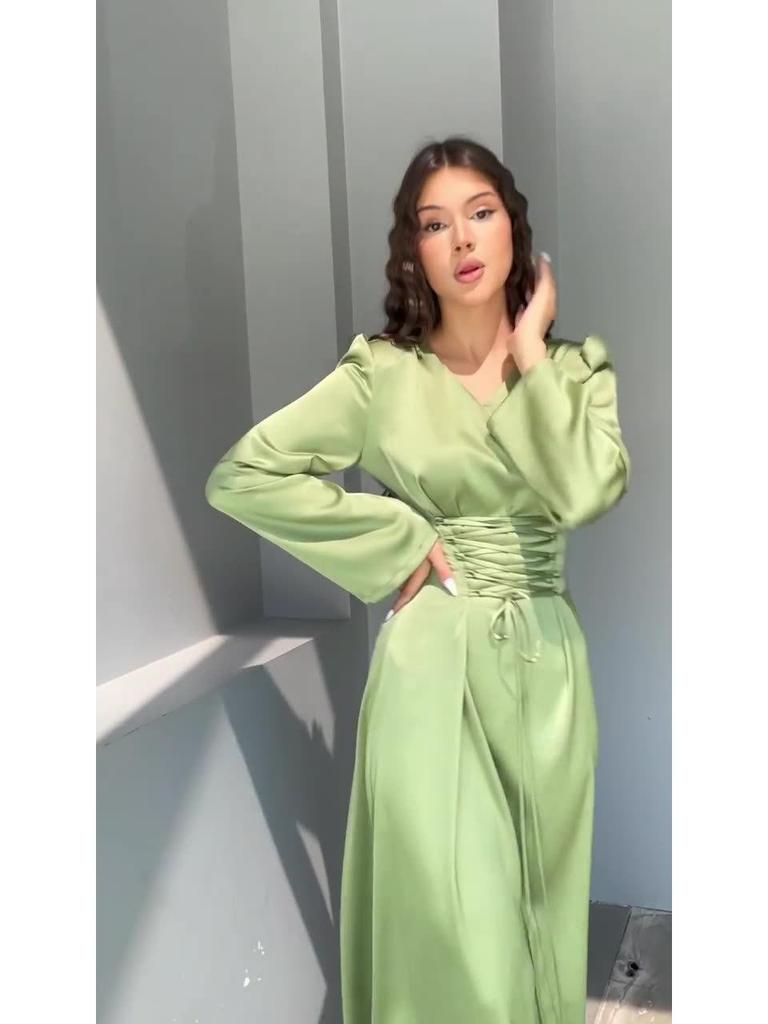 2024 Spring V-Neck Bandage Waist Slimming Long Sleeve Dress for Socialites