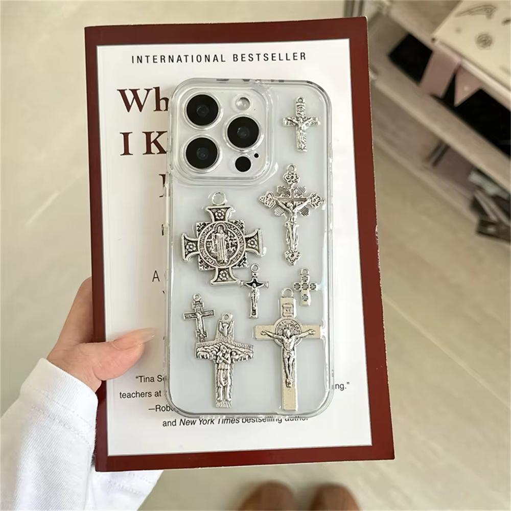 Retro Gothic 3D Metal Cross Phone Case For iphone 16 Pro 15 14 13 12 11 Pro Max 14 Plus Cool Angel Epoxy Clear Soft Cover Gift