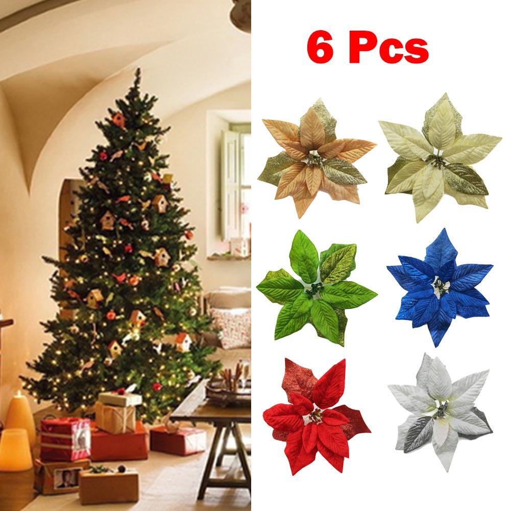 6pcs 22cm Large Glitter Poinsettia Flower Ornaments For Christmas Tree Hanging Party Wedding Home Garden Festival Decor