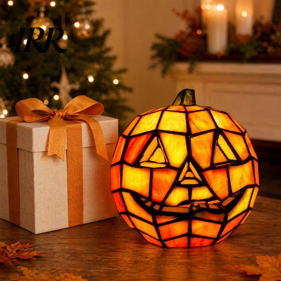 Pumpkin Night Light Stained Glass Lamp, Halloween Bedside Table Orange High-Quality Decor Accent for Indoor, Home, Holiday Party Durable Lantern