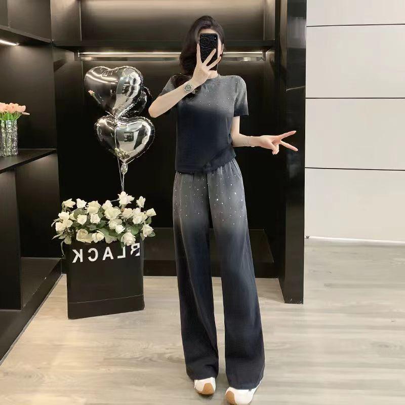 Korean Style Gradient Summer Set: Fashionable Casual Short Sleeve & Wide-Leg Pants Two-Piece for Women
