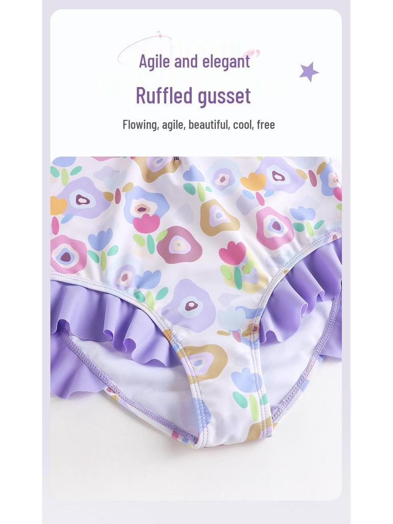 Costume da bagno a triangolo intero per bambina, ad asciugatura rapida, traspirante, con motivo floreale viola