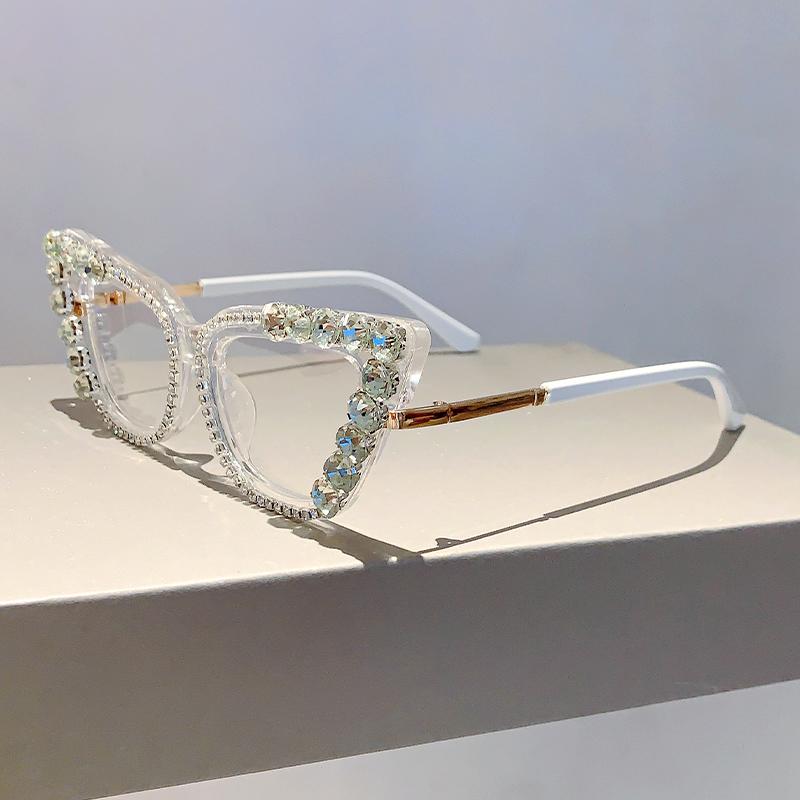 KAMMPT Cat Eye Women Eyeglasses with Rhinestones Stylish Vintage Blue Light Blocking Eyewear Trendy Original Candy Color Glasses