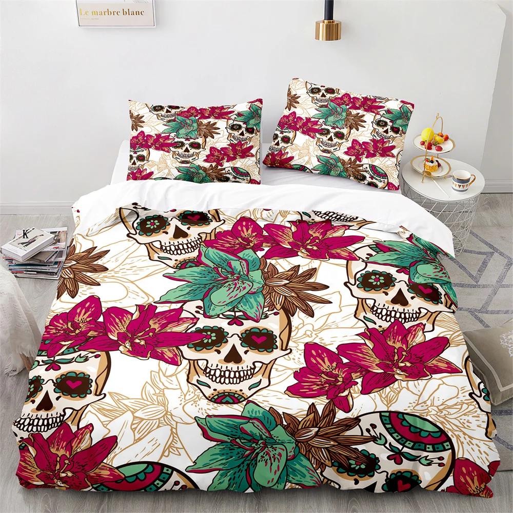 Sugar Skull King Queen Duvet Cover Gothic Skeleton Bones Floral Bedding Set Day Of The Dead Theme 2/3Pcs Polyester Quilt Cover
