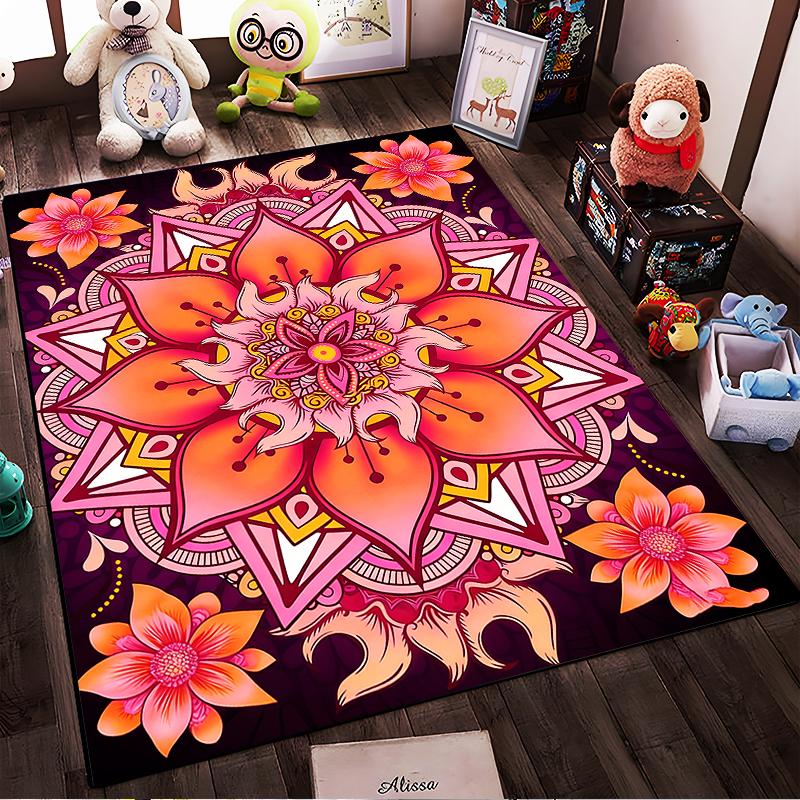 Bohemian Mandala Pattern Carpet with Pink Floral Design, Home Decor Suitable for use as an anti-slip for living room bedroom sofas