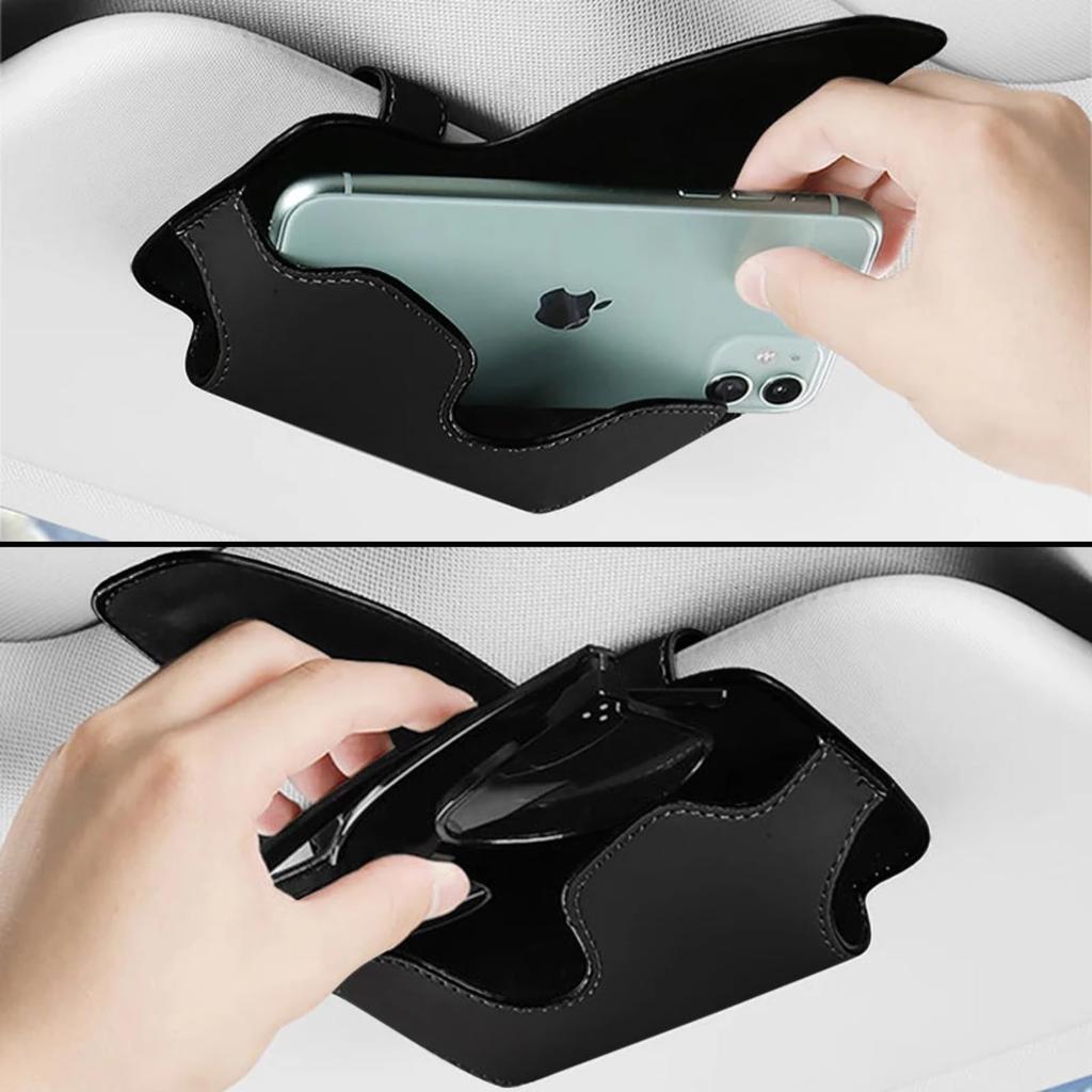 Sun Visor Storage Compatible with Glasses and PU Slim Design for Car Organization Clip-on Holder, Smartphones, Leather, (Black)