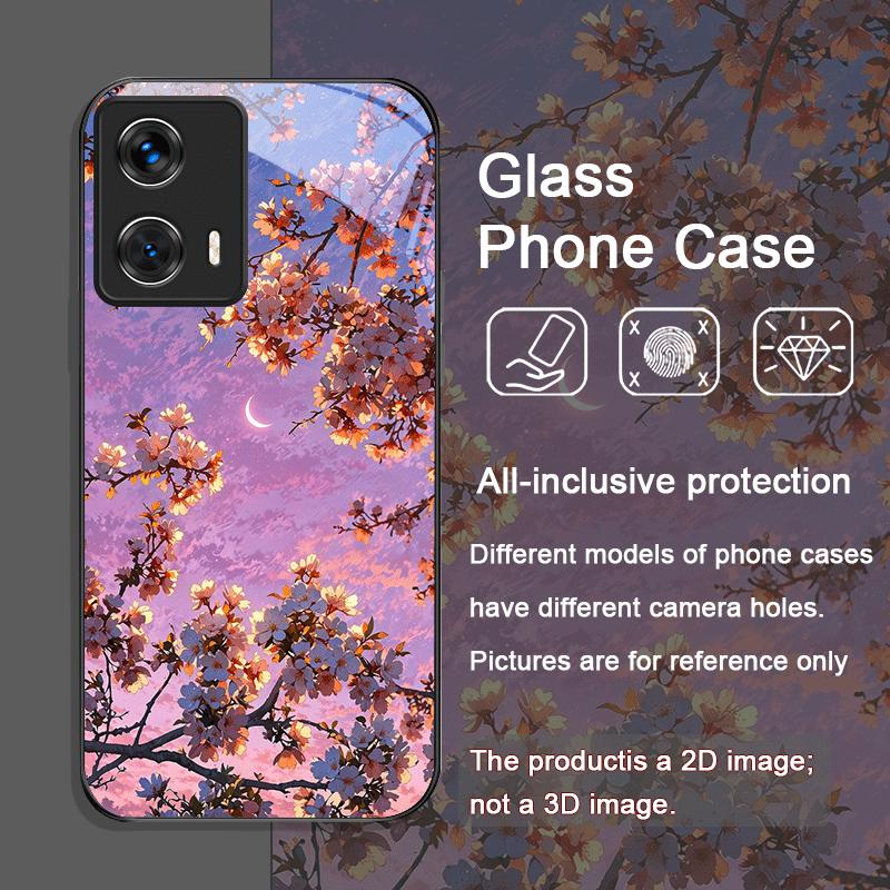 Moon Cherry Blossom Pattern Scenery Tempered Glass Phone Case for Motorola Moto G85 G84 G75 Edge 50 Fusion 40 Neo 30 Pro Covers
