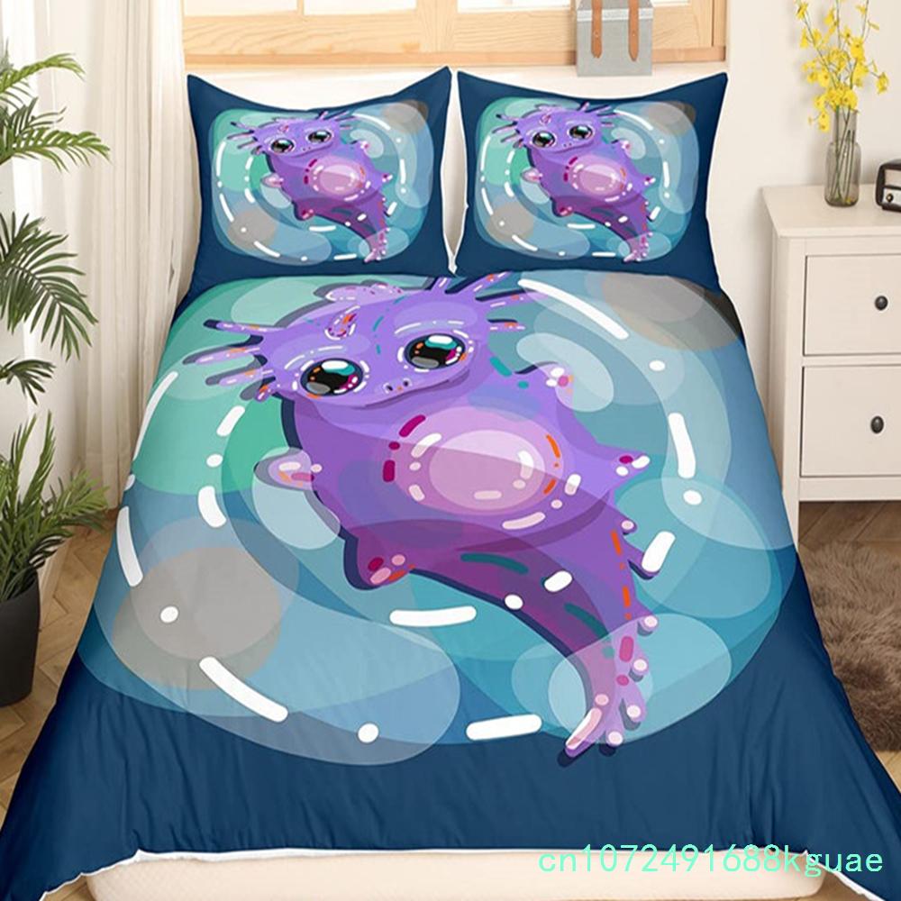 Комплект постільної білизни Kawaii Axolotl Королева для дівчаток хлопчиків підлітків милий мультфільм рептилії тварини підодіяльник галактика зоряне небо ковдра ковдра