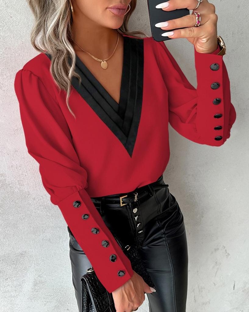 Women's Long Sleeve Blouse V Neck Elegant Solid Color Button Satin Casual Office Shirt Top