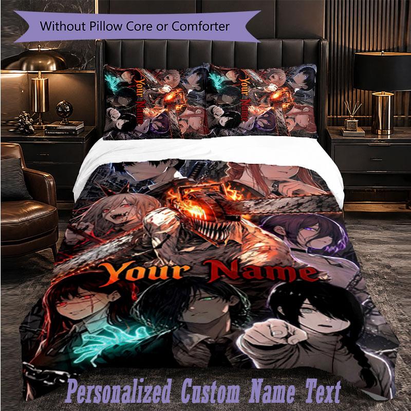Personalized 3Pcs Bedding SetChainsaw Man Custom Text Duvet Cover Pillowcase Set Bedroom Gift