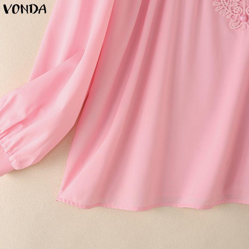 VONDA Summer Women V Neck Crochet Lace Splicing Loose Casual Long Sleeve Blouse