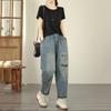 Plus Size Vintage Embroidery High Waist Casual Loose Women Spring Summer Autumn Jeans Denim Harem Pants