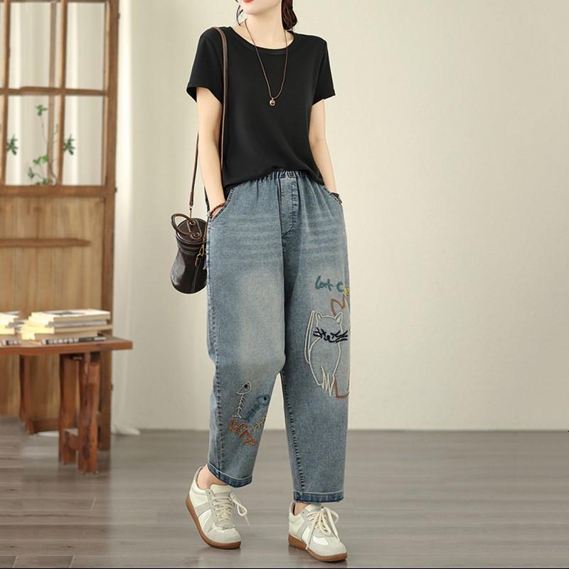 Plus Size Vintage Embroidery High Waist Casual Loose Women Spring Summer Autumn Jeans Denim Harem Pants
